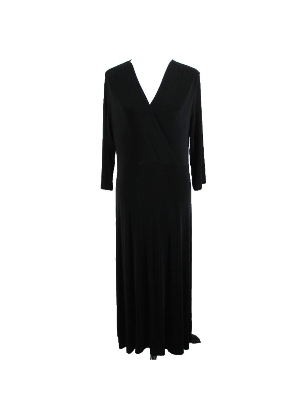 Coldwater Creek Maxi Dress Womens Sz M Black Faux Wrap Slinky Acetate 3/4 Sleeve